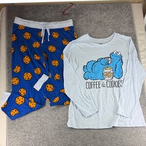 Sesame Street Cookie Monster Pajama Pjs Set Long Sleeve Shirt Pants Coffee XL